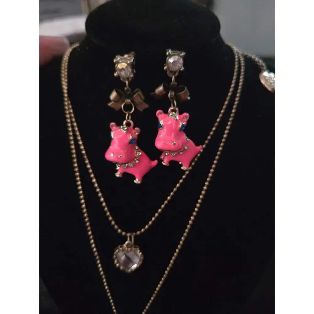 Vintage Pink Enamel hippo Betsey Johnson necklace/earrings set